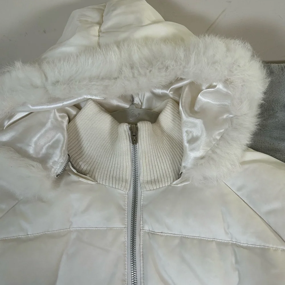 Bebe sport white down filled puffer jacket with rabbit fur lined removable hood - Picture 3 of 16
